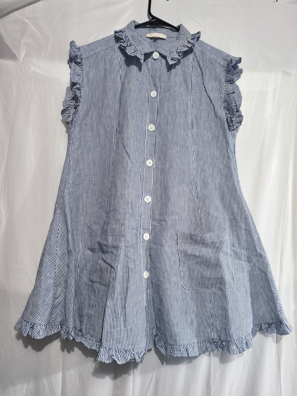 Olivaceous Blue & White Striped Ruffle Button-Front Dress Top
